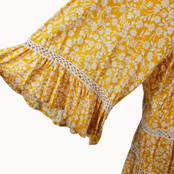 Womens Magnolia Lane L Tunic Yellow Floral Ruffled Boho Cottage Prairie Country - Picture 13 of 15